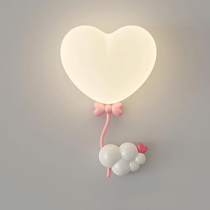 Cute Heart Shaped Wall Sconce, Whimsical Pink Balloon & Cloud Design LED Light, 3 Color Adjustable Bedside Lamp for Kids Room, Nursery, Girls Bedroom Decor, Romantic Accent Lighting