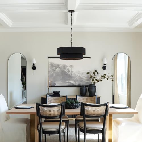 20” Black Hand Woven Rattan Chandelier Boho Pendant Light Adjustable Modern Pendant Light for Kitchen Island Dining Living Room