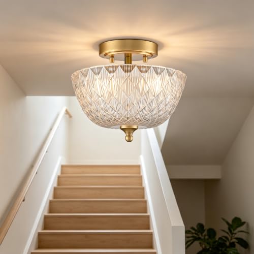 Gold Semi Flush Mount Ceiling Light with Clear Globe Glass Shade