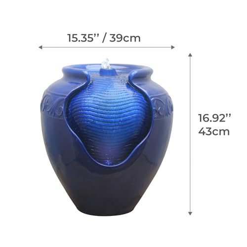 16.96 in. Outdoor Glazed Pot Water Fountain with LED Lights