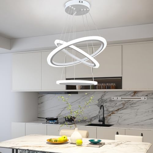 Modern LED Chandeliers White Pendant Light Fixture 3 Ring Flush Mount Chandeliers with Adjustable Hanging Cord for Bedroom