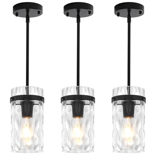 3 Pack Black Pendant Lights Kitchen Island Modern Hammered Glass (3 Count)