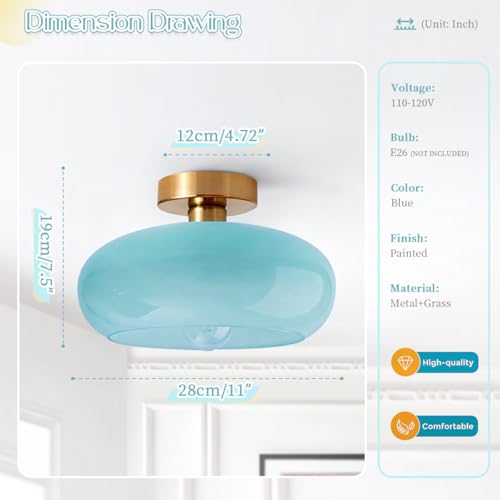 Blue Close to Ceiling Light Fixtures Vintage Flush Mount Ceiling Lights 11" Round Dome Thickened Glass Shade Gold Mid Century Semi Flush Mount Light Hallway Entrance Lighting Fixture