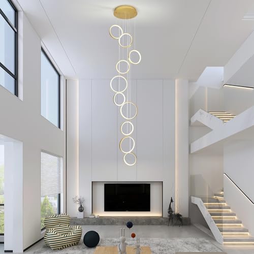 10 Ring Gold LED Chandelier for High Ceilings