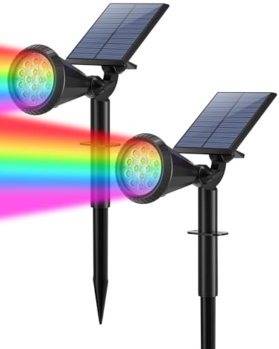 Color Changing Solar Spot Lights Outdoor Waterproof 180° Adjustable Colored RGB Solar Powered Landscape Lights for Yard 7 Lighting Modes Solar Spotlights for Pathway Garden Outside (2 Count)