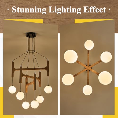 Rustic Oak 6 Light Wooden Chandelier with Milk Glass Globe L28 Inch