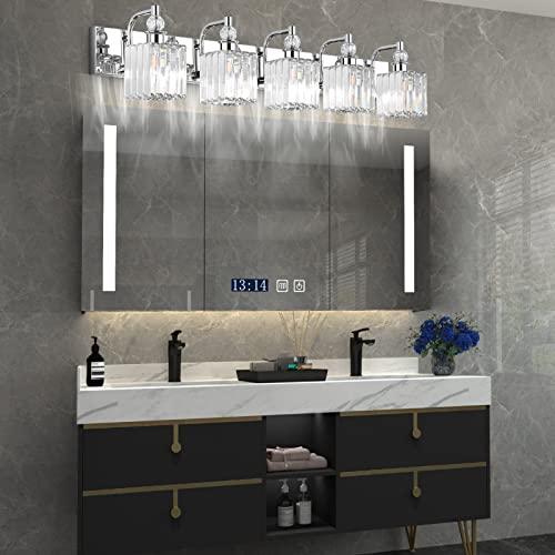 Modern Crystal Bathroom Vanity Light 5 Light 40''Chrome Vanity Lighting Over Mirror Bathroom Wall Lighting Fixtures
