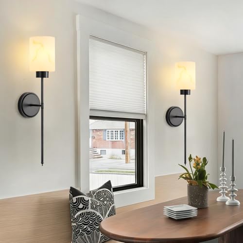 Black Wall Sconces Set of 2 with Marble Glass Shade