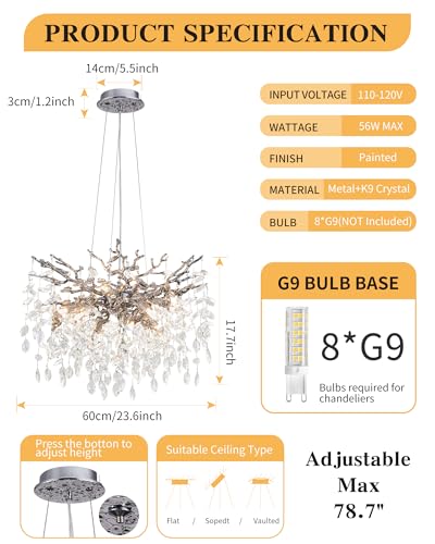 Modern Tree Branch Crystal Chandelier Luxury Silver Crystal Pendant Lighting 23.6" Contemporary 8