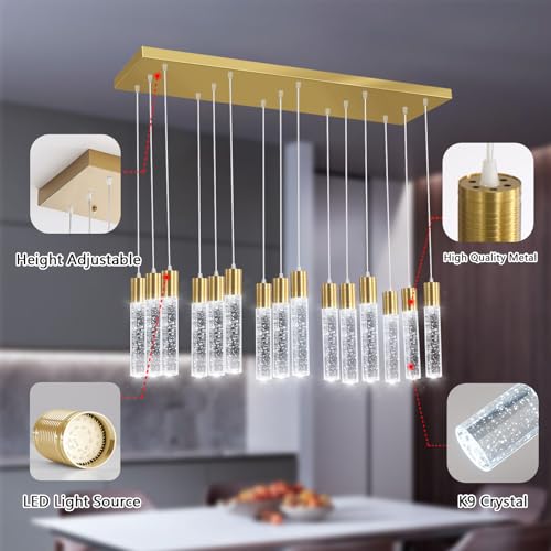15 Lights Modern LED Pendant Lighting Fixture for Kitchen Island Crystal Chandelier Light Fixtures for Dining Room Living Room Gold