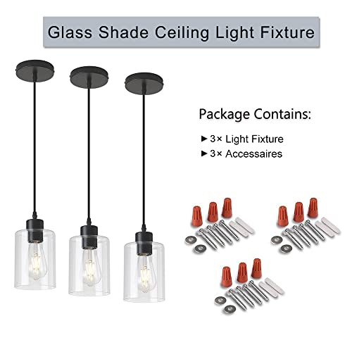 Modern Black Farmhouse Clear Glass Cylinder Pendant Light Fixture (3 Count)