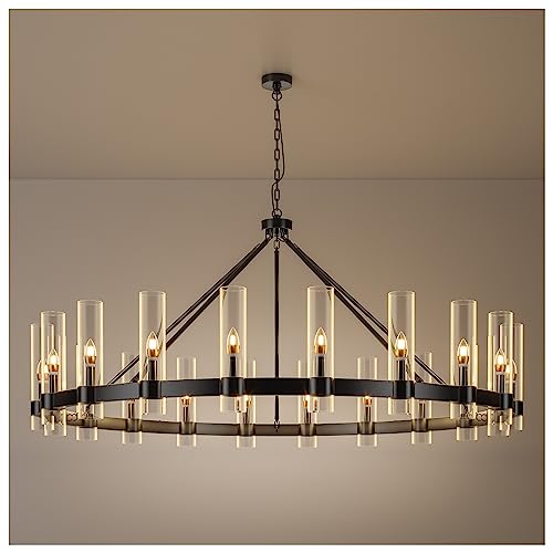 20 Lights Black Wagon Wheel Chandelier Modern Farmhouse with Glass Shade