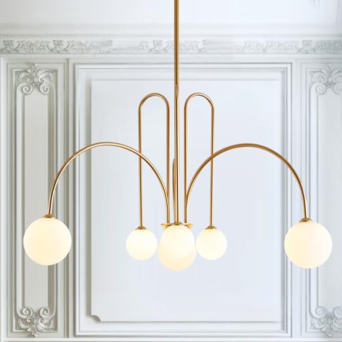 Modern 40" 6 Light Gold Sputnik Chandelier with Milk Glass Globe