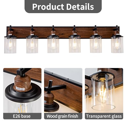 6 Light Farmhouse Bathroom Light Fixtures Vintage Bathroom Vanity Lights Over Mirror Black and Wood Painted Metal Vanity Light for Bathroom with Glass Shades E26 Socket