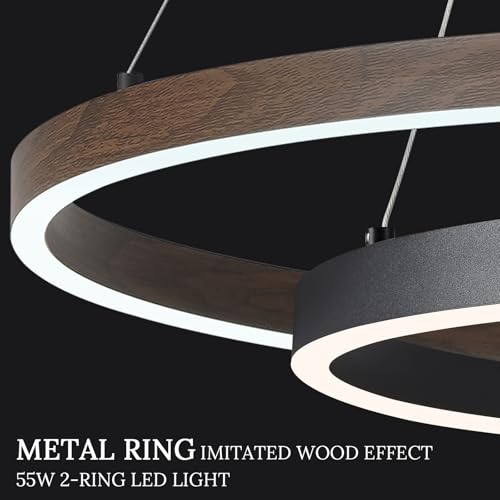 2 Ring LED Chandelier Black Walnut Wood Chandelier for Dining Room Dimmable