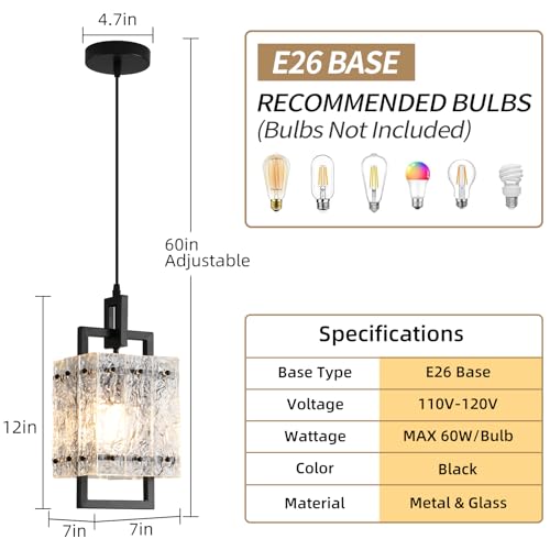 Modern Pendant Lights Kitchen Island 2 Pack Matte Black Pendant Lights Water Ripple Glass Square Pendant Lighting Over Island Hanging Pendant Light Fixtures for Kitchen Dining Room Hallway Foyer (2 Count)