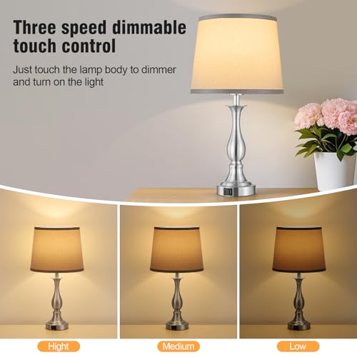 Bedside Table Lamp Touch Control Bedroom Lamps with USB A + C Charging Port 3 Way Dimmable Touch Lamps for Nightstand Living Room Bedroom Dorm Home Office Reading (2 Count)