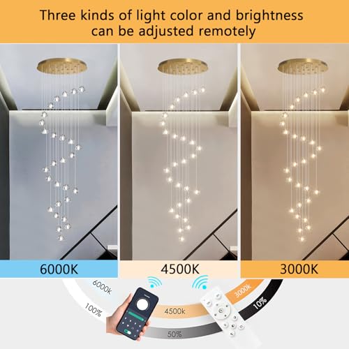 13ft Modern LED Chandeliers for Entryway Living Room Long Light High Ceiling Dining Room Light Dimmable Pendant Lighting Fixtures Chandelier for Foyer Staircase Antique Gold