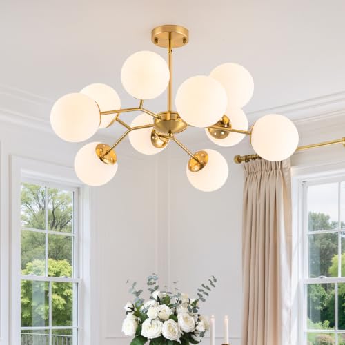10 Light Sputnik Ceiling Light Milk Glass Globe Chandelier for Living Room