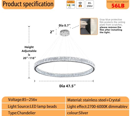 Modern LED Dimmable Crystal Chandelier 47.5" Ring Pendant Light Adjustable Round Chrome Crystal Chandelier for Dining Room Living Room