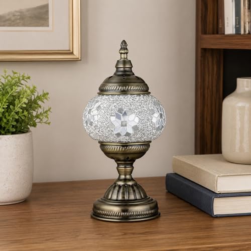 Turkish Moroccan Table Lamp Lantern with Handmade Mosaic Glass Lampshade Tiffany Style Bohemian Stained Glass Decorative Desk Lamps Bedside Night Lights for Bedroom