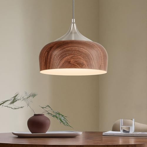 Bauhaus Pendant Light Wooden Pattern Dome Pendant Light Fixture Brushed Nickel Metal Modern Adjustable Hanging Lighting for Kitchen Island Dining Room Office Hallway Foyer Bedroom