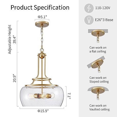 Chandelier Rustic Farmhouse Industrial Round Ceiling Pendant LED Light Fixture Clear Seeded Glass Shade for Dining Room Kitchen Island Foyer Entryway