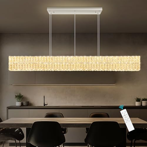 Rectangular Crystal Chandelier Dimmable LED Linear Chandeliers for Dining Room Remote Ceiling Pendants Light Fixture for Kitchen Island Silver