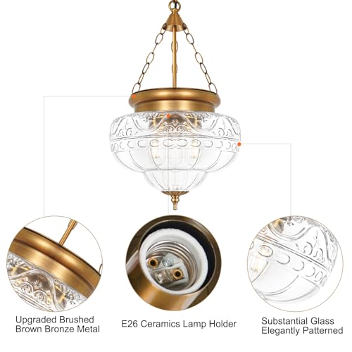 3 Light Brushed Antique Brass Pendant Light Fixtures with 12In Unique Thickened Glass