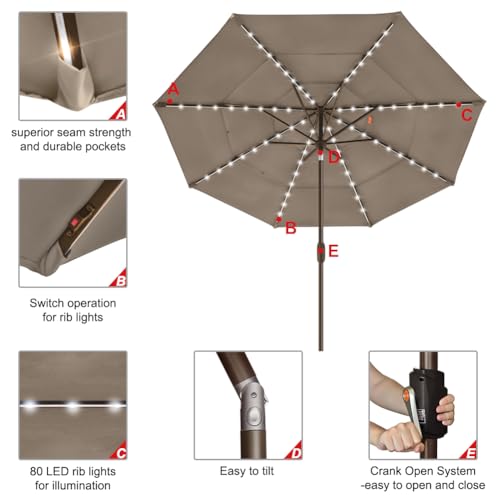 USA 10-Year-Non-Fading 9ft 3-Tier Market Patio Umbrella, Commercial Table Umbrella with 80 Solar LED Lights, Crank Open, Windproof & UPF 50+ UV Protection for Garden, Deck, Pool, Backyard, Mushroom