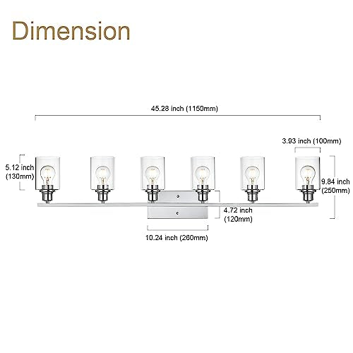 6 Lights Bathroom Vanity Light in Chrome Finish with Clear Cylinder Glass Shade Industrial Wall Light Fixtures Over Mirror for Dressing Table Bedroom