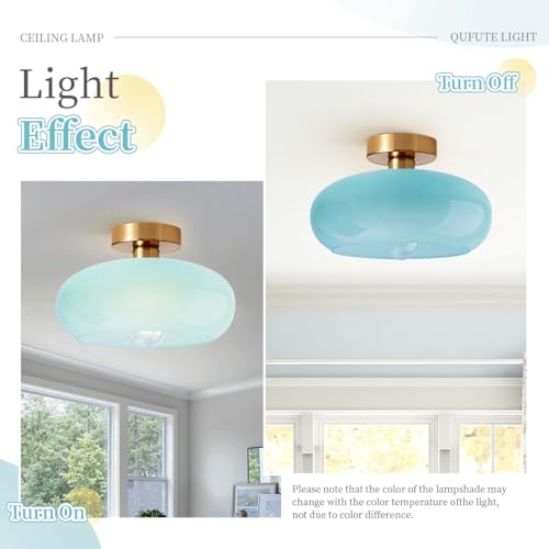 Blue Close to Ceiling Light Fixtures Vintage Flush Mount Ceiling Lights 11" Round Dome Thickened Glass Shade Gold Mid Century Semi Flush Mount Light Hallway Entrance Lighting Fixture