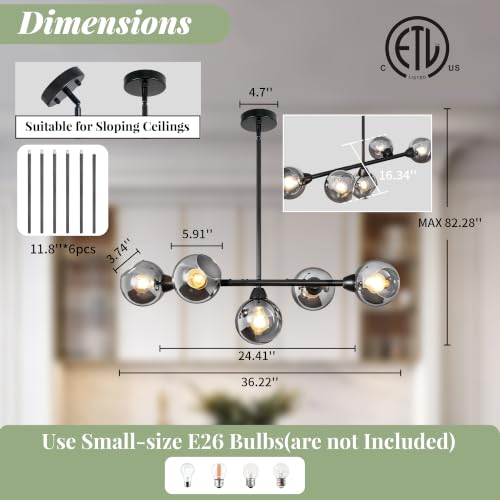 Black Linear Chandeliers for Dining Room 5 Lights Modern Sputnik Chandelier
