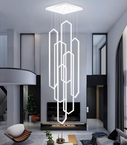 6 Rings Modern Chandelier White Large Contemporary LED Dimmable Light for Living Room Entrance High Ceiling Chandeliers with Remote Control for Villa Foyer