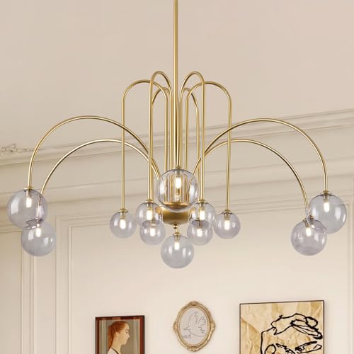 Gold Sputnik Chandelier with Smoke Glass Globe 12 Lights L52 Inch