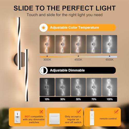 Modern LED Vanity Light Bathroom Black Wall Sconce with Remote Control Modern Bathroom Wall Lighting Fixtures Over Mirror for Bedroom Bedside
