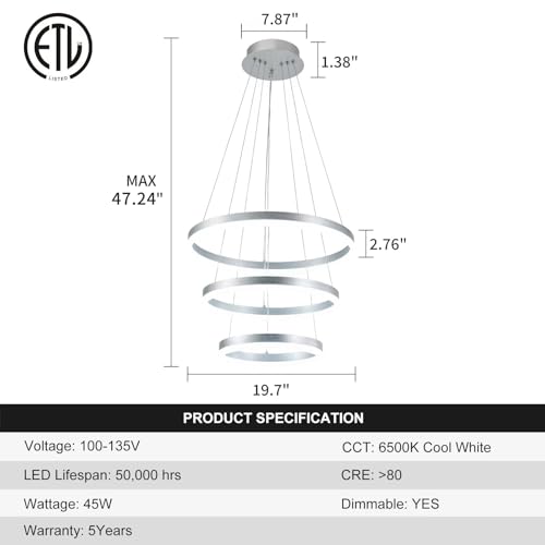 Dimmable 3 Ring LED Chandelier