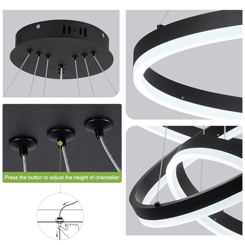 3 Rings Modern LED Chandelier Black Dimmable Pendant Lighting with Remote Control Circular Flush Mount High Ceiling Light for Dining Room Living Room Entrance Foyer