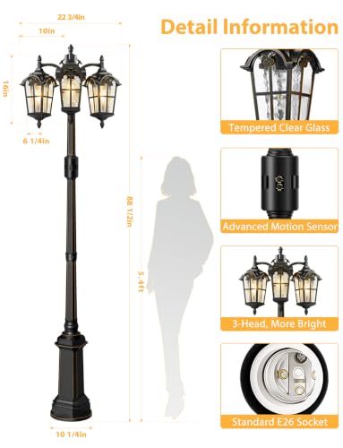 3 Head Motion Sensor Outdoor Post Lights Dusk to Dawn Pole Lights