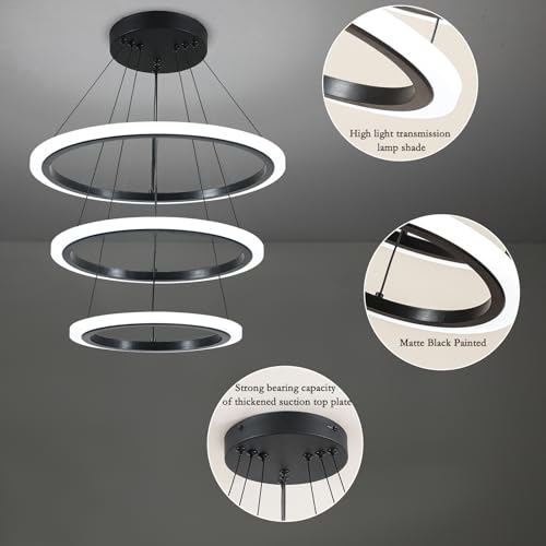 Modern 3 Ring LED 52W Black Pendant Light with Irregular Ring Lights Adjustable Hanging Lamp for Dining Room Bedroom Kitchen Island Cafe