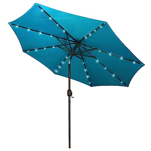 9 ft Solar Umbrella 32 LED Lighted Patio Umbrella Table Market Umbrella with Tilt and Crank Outdoor Umbrella for Garden