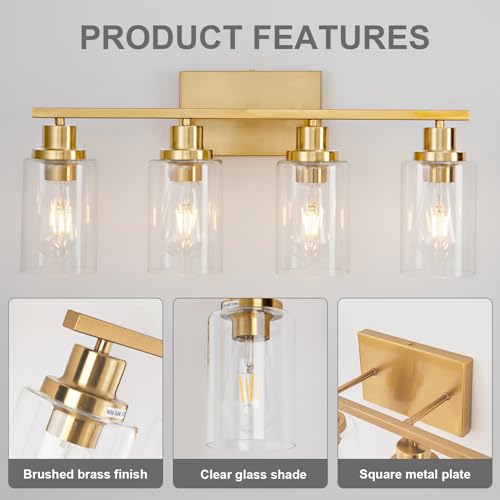 4 Light Gold Bathroom Light Fixtures Brushed Brass Vanity Light Over Mirror Modern Farmhouse Wall Lighting Sconces Wall Lamp for Bathroom