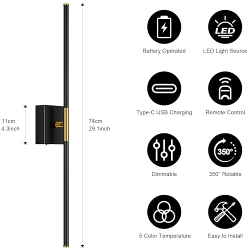 Wall Sconces Set of Two with Remote Control 29.1 in Dimmable Black Gold Battery Operated Wall Lights 350° Ratation 3000K (2 Count)