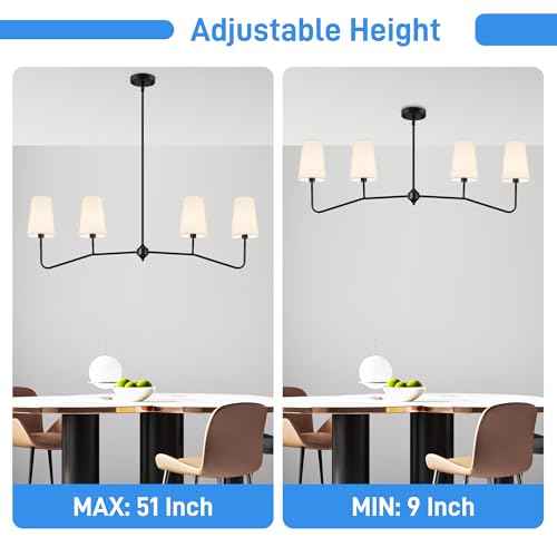 47" Modern Linear Chandelier, 4-Light Black Pendant Light with Fabric Shades, Adjustable Height Ceiling Light Fixture for Kitchen Island, Dining Room, Living Room, Bedroom, ETL Listed