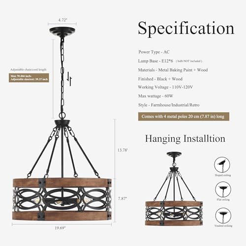 19.7" 6 Light Brown Wood Drum Pendant Light for Dining Room
