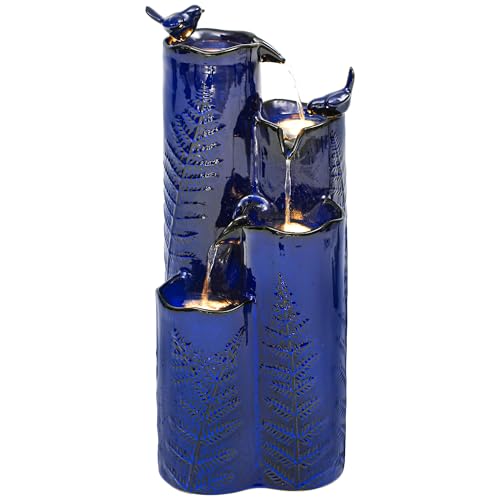 Autodaya 32" H Ceramic Outdoor Water Fountain with LED Lights