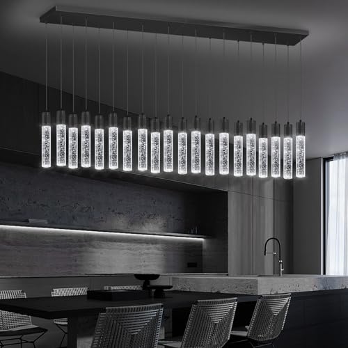 20 Lights Modern Crystal Rectangular Chandeliers LED Pendant Light for Kitchen Island High Ceiling Chandelier for Dining Room Entrance Foyer Living Room Black