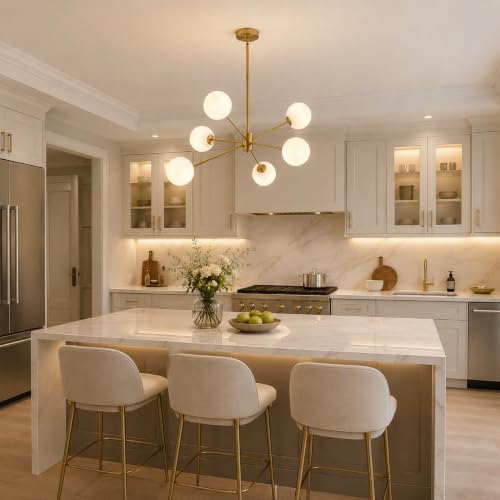 6 Lights Modern Sputnik Chandeliers Globe Light Fixture Farmhouse Milk Glass Pendant Lights Kitchen Island Gold and White Sputnik Hanging Light Vintage Brushed Brass Ball Chandelier