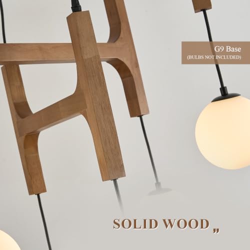 Rustic Oak 6 Light Wooden Chandelier with Milk Glass Globe L28 Inch