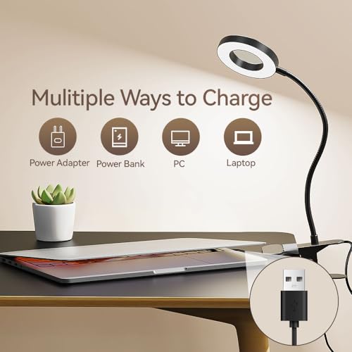 LED Desk Lamp Clip on Light with 3 Color Modes 10 Brightness Ring